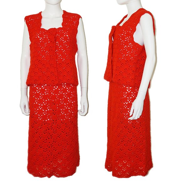 VINTAGE 70s Boho Red Crochet Knit Skirt Vest Set Suit - Picture 1 of 4